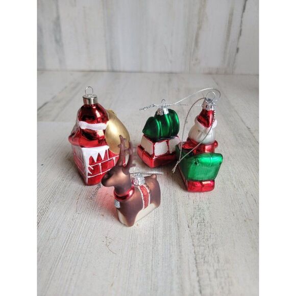 Blown glass Santa Claus chimney red card tree reindeer sleigh set ornament Xmas - Picture 5 of 7